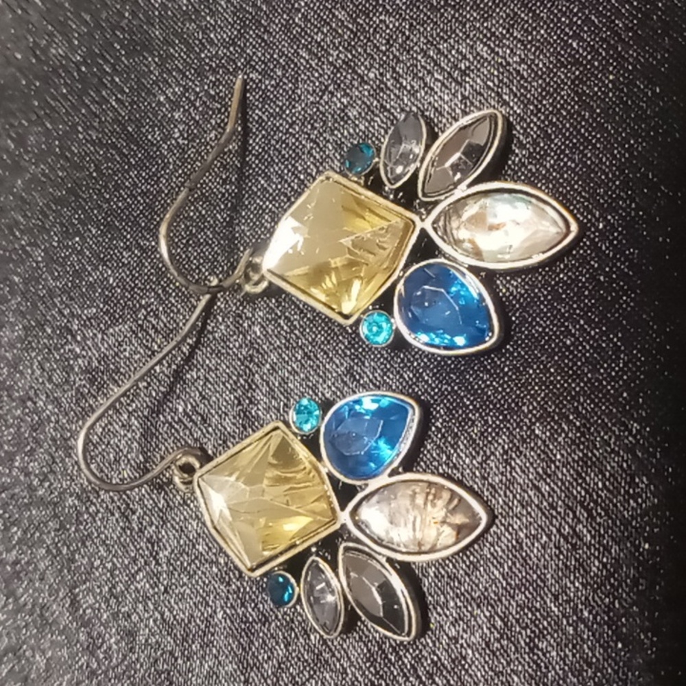 Blue ,yellow & Abalone colored  gem dangle earrings.